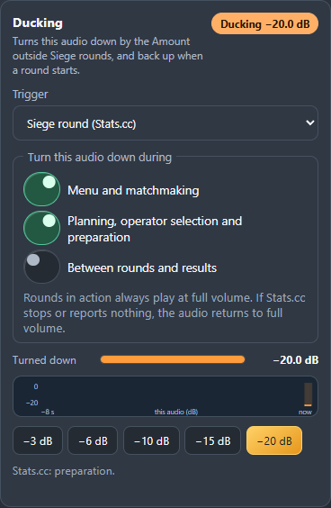 Real AudioRouter Duck settings: Siege round trigger, minus 20 decibels, menu and preparation ducking selected